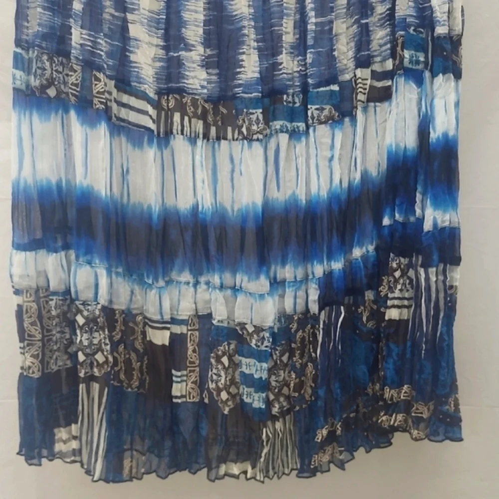 Patchwork Maxi Skirt Crinkled Chiffon Blue Brown Tiered Lined Chico’s Size 1 / 8